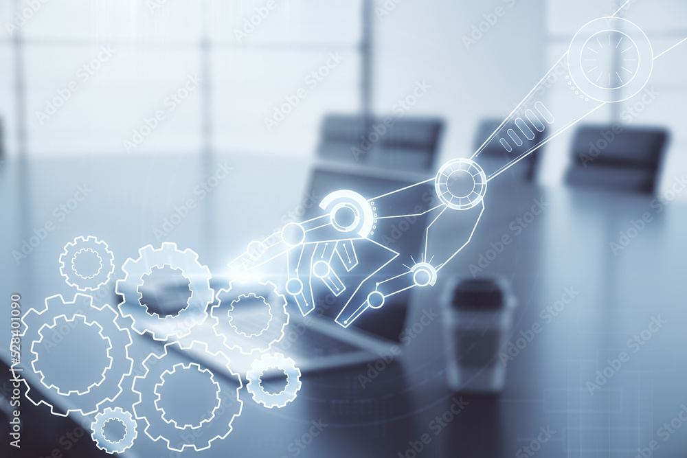 Aufkleber double exposure of robotics technology hologram on laptop background. research and development softw