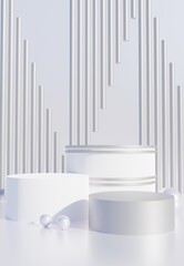 White and silver podium with abstract art objects. Stand to show products. Stage showcase with modern scene. Pedestal in vertical display. Backdrop for smartphone. 3D rendering. 