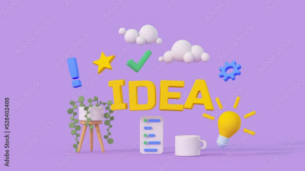 Poster idea lettering and light bulb as metaphor of creative thinking. minimal cartoon style 3d render anim