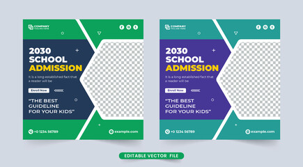 School admission social media post template with green and dark colors. Education web banner template vector for schools. Creative school admission promotion banner for social media.