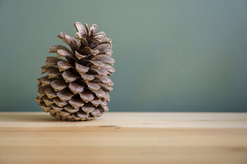 Pinecone on a wooden desk. the window gives a light shadow on the green wall. The cone is leaning...
