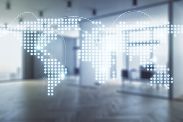 Abstract graphic digital world map hologram with connections on a modern furnished classroom background, globalization concept. Multiexposure
