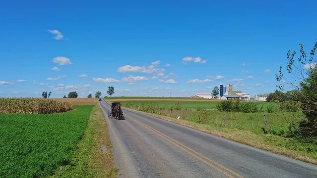 An Amish Horse and Buggy Approaching Down a Country Road Passing Farms, in Slow-Motion on a Beautiful Sunny Day