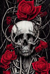 Death of romance - human skeleton skull with blood red roses, thorn creeper vines and gothic art style. Day of the dead, Halloween spooky theme.