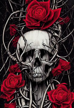 Death Of Romance - Human Skeleton Skull With Blood Red Roses, Thorn Creeper Vines And Gothic Art Style. Day Of The Dead, Halloween Spooky Theme.