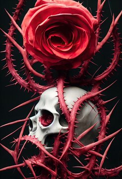 Death Of Romance - Human Skeleton Skull With Blood Red Roses, Thorn Creeper Vines And Gothic Art Style. Day Of The Dead, Halloween Spooky Theme.