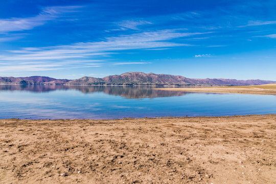 Argentina, Cordoba Province, Potrero de Garay, Shore of Los Molinos Lake with hills in background