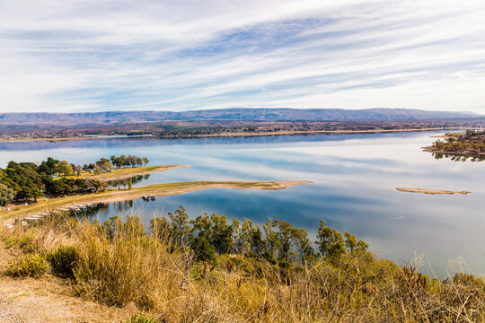 Argentina, Cordoba Province,La Estancia, Shore of Los Molinos Lake with hills in background