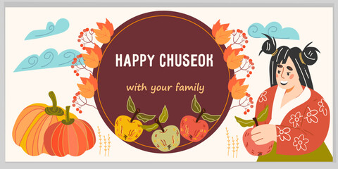 Chuseok korean thanksgiving day, autumn holiday of harvesting banner or greeting poster design with child girl in traditional korean hanok. Card or party invitation design for Chuseok.