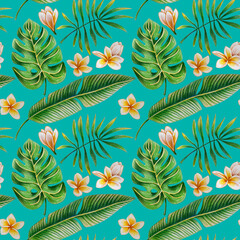 Fototapeta na wymiar Seamless pattern of tropical leaves and flowers drawn with colored pencils on a Light Sea Green background. For fabric, sketchbook, wallpaper, wrapping paper.