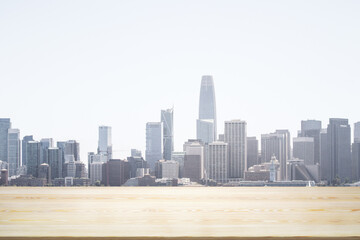 Blank tabletop made of wooden planks with beautiful San Francisco cityscape at daytime on background, mockup