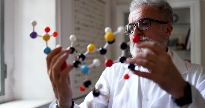 Scienist analyzing molecular model in laboratory