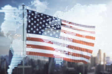 Multi exposure of abstract creative digital world map hologram on USA flag and blurry skyscrapers background, research and analytics concept