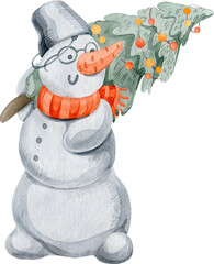 Watercolor snowman with a Christmas tree. Bucket on the head. Carrot nose. Transparent background png