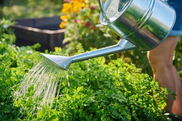 Woman watering a garden bed with watering can - obrazy, fototapety, plakaty