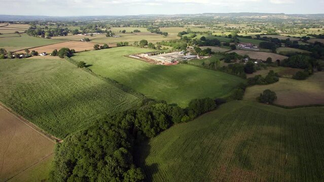 Drone Shot of Farm, Fields and Corn Crops In Devon, England.