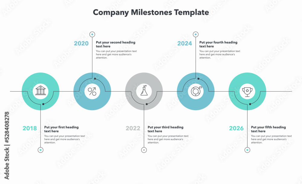 Poster Company milestones with five colorful stages. Simple flat template for data visualization.