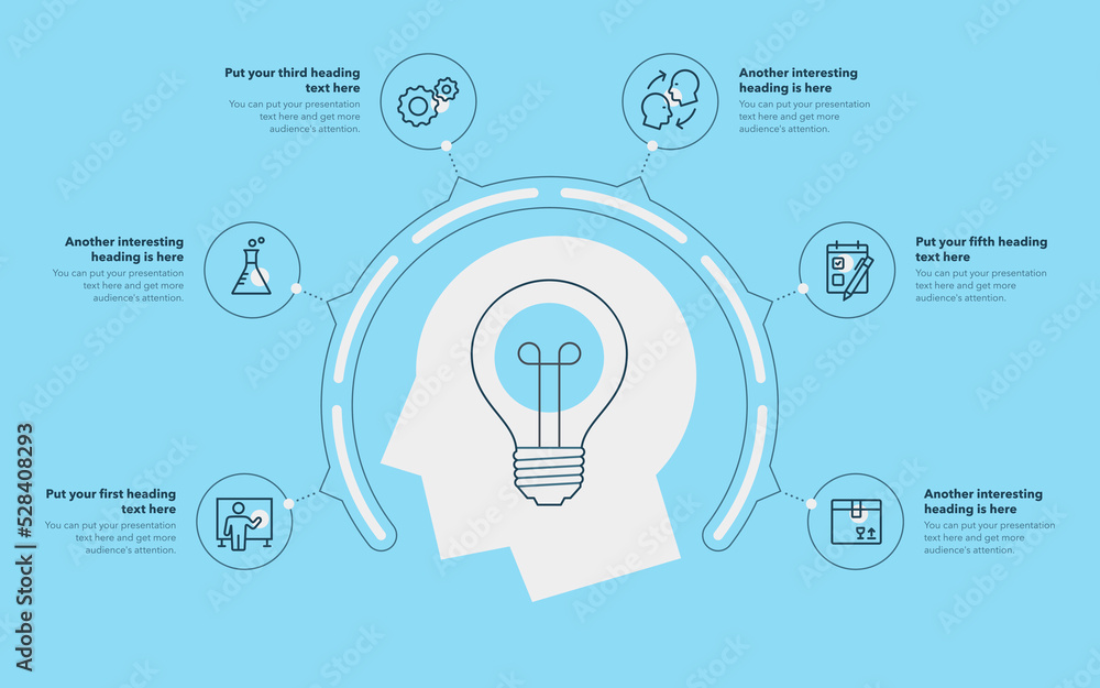 Poster innovation process template with six steps - blue version. slide for business presentation.