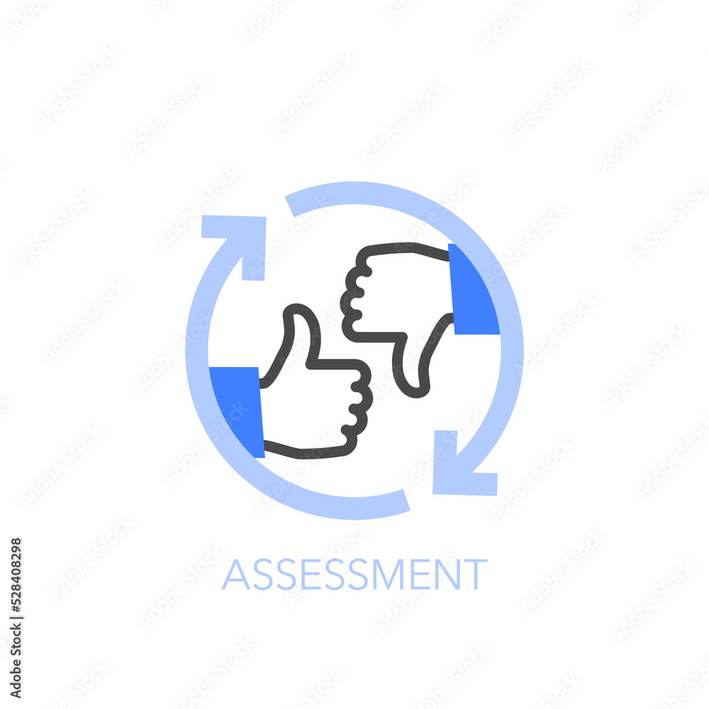 Poster simple visualised assessment icon symbol with a thumbs up and thumbs down.