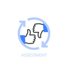 Simple visualised assessment icon symbol with a thumbs up and thumbs down.