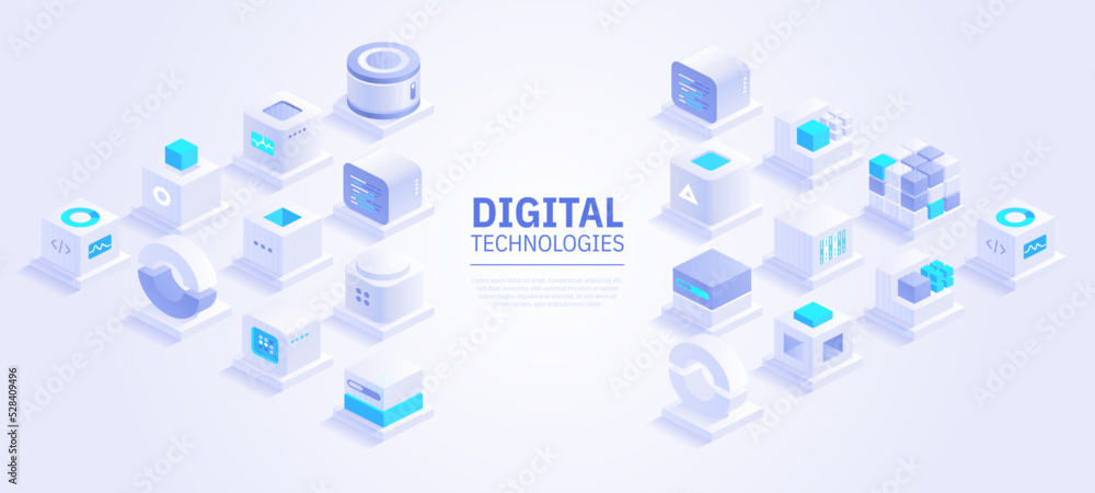 Poster web banner design of digital technologies concept. abstract isometric cubes with text place on white