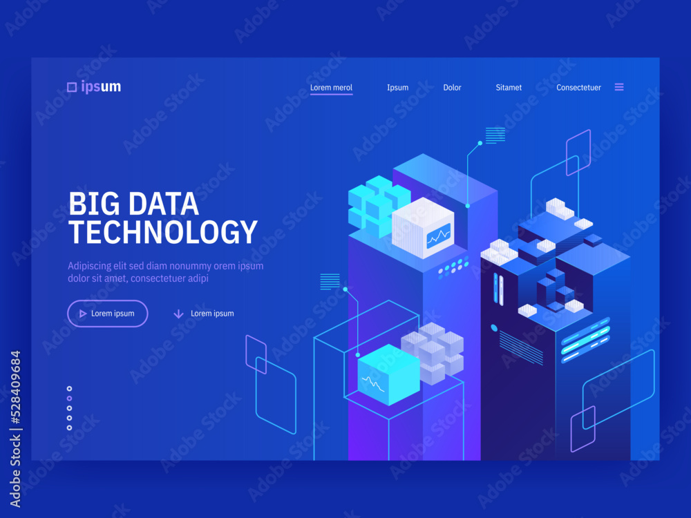 Poster big data technology. information storage and analysis system in isometric vector illustration. digit