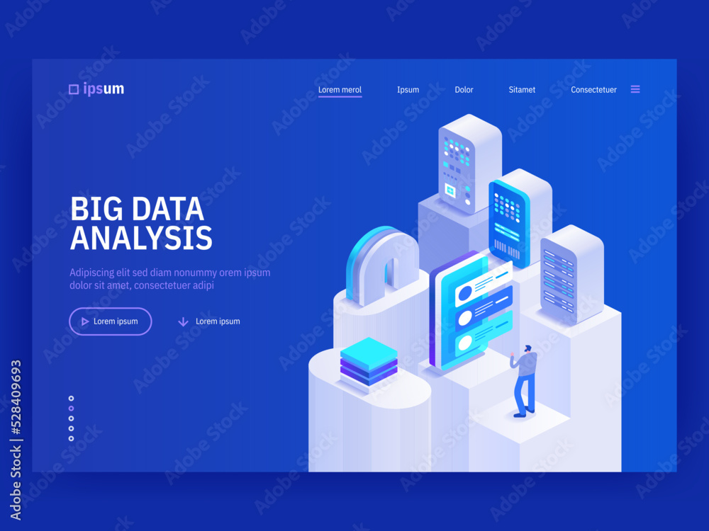 Poster big data analysis website landing page template. abstract 3d datacenter. network mainframe infrastru