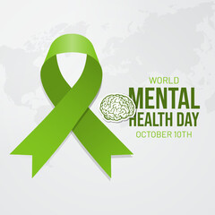 World Mental Health Day October 10th with a green ribbon and maps illustration on isolated background