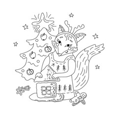 Christmas coloring page. Fox is making gingerbread house. Line art vector illustration.