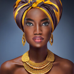 woman portrait of beautiful African woman in national, traditional costume and a colorful headscarf