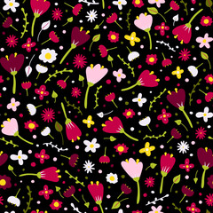 Seamless cartoon abstract flower pattern. Color floret on black background. Hand-drawn plant, petal. Stylized peonies, rose, tulip, chamomile. Summer romantic floral dot ornament. Vector illustration