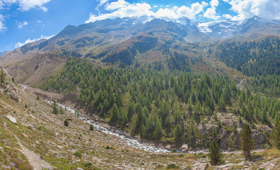 Fototapeta na wymiar Spectacular alpine panorama with ancient left glacial moraine cross by a stream and covered with larches. The moraine is 1920 age. Vallelunga, Alto Adige Sudtirol, Italy