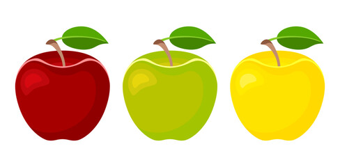 Red, green and white apples set. Fruit in a simple flat style isolated on white. Icon vector illustration.