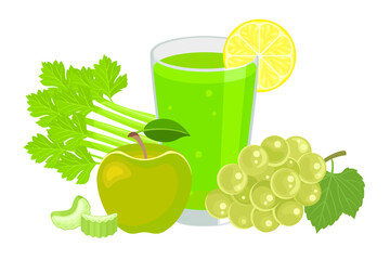 Celery, grape, apple, lemon juice in glass. Healthy organic fresh drink ingredients. Vegetable superfood detox smoothie. Natural vitamins. Vector flat, isolated illustration. 