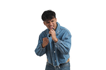Young peruvian man singing with a microphone. Isolated over white background.