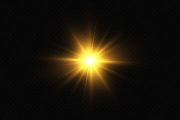 Light effect. Golden bright star, yellow sun. Starlight.