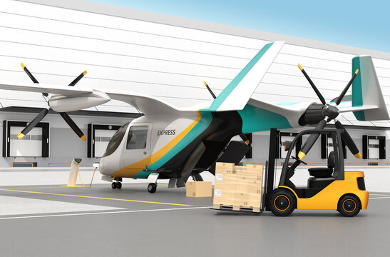 Electric VTOL cargo delivery aircraft charging on the port. Forklift moving to the rear door for loading goods. 3D rendering image.