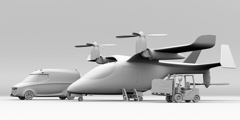 Clay rendering of Electric VTOL cargo delivery aircraft , van and forklift on gray background. 3D rendering image.