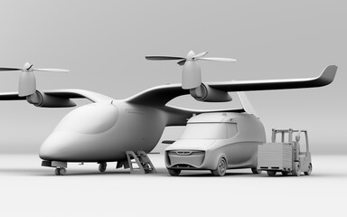 Clay rendering of Electric VTOL cargo delivery aircraft , van and forklift on gray background. 3D rendering image.