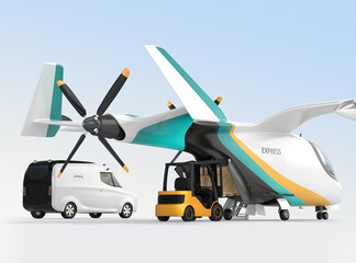 Obraz na płótnie Canvas Rear view of forklift loading goods to Electric VTOL cargo delivery aircraft. Smart logistics concept. 3D rendering image.
