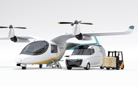 Electric VTOL cargo delivery aircraft , van and forklift on white background. Smart logistics concept. 3D rendering image.