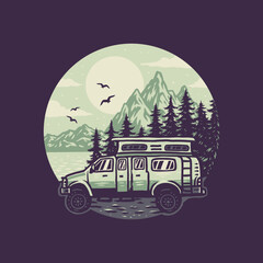 Campervan travel tours vintage t shirt graphic design, hand drawn line style with digital color, vector illustration