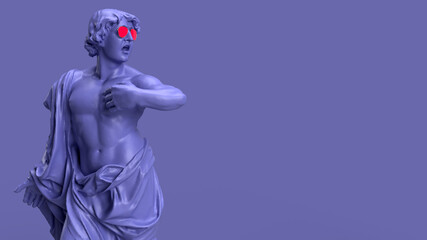 3d render, Very Peri color violet statue of a man on the left side of the background points emotionally with his hand