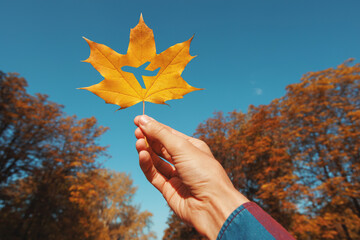 Autumn leaf with a cut in the form of an airplane on a background of the sky. Flight travel concept