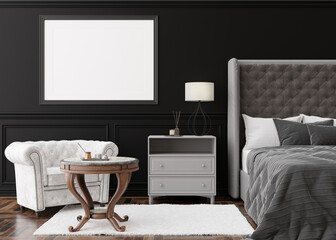 Empty horizontal picture frame on black wall in modern bedroom. Mock up interior in classic style. Free, copy space for your picture, poster. Template for your artwork. Bed, armchair. 3D rendering.