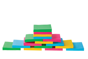 View of colorful post-it notes block isolated on white background.