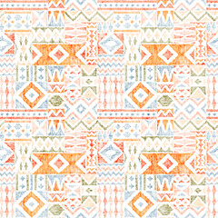Seamless bohemian pattern. Patchwork ornament for home decor, textiles, carpets, pillows. Ethnic and tribal motifs. Grunge vintage texture. Vector illustration. - obrazy, fototapety, plakaty