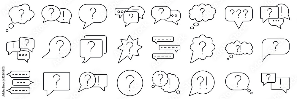 Fototapete chat question bubbles and answer icon set. simple set of 24 question related vector line icons. ask 