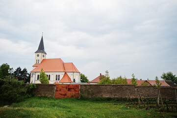 Fototapeta premium Church with wine fields outdoor at Vrbice, Czech Republic.