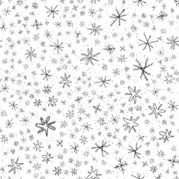 Hand Drawn Snowflakes Christmas Seamless Pattern. Subtle Flying Snow Flakes on chalk snowflakes Background. Amusing chalk handdrawn snow overlay. Appealing holiday season decoration.